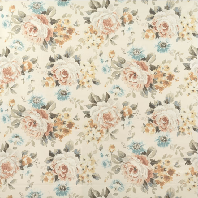 Warm cream floral fabric with blush roses, teal blooms and sage foliage