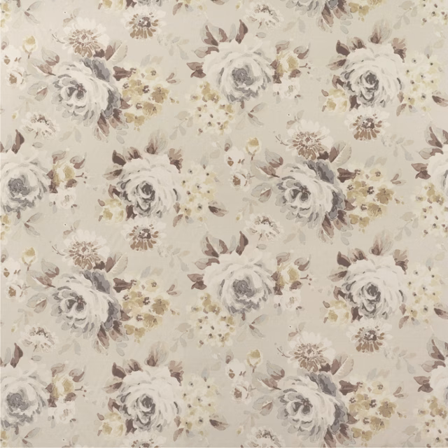 Soft stone floral fabric with pale roses, taupe leaves and grey petals