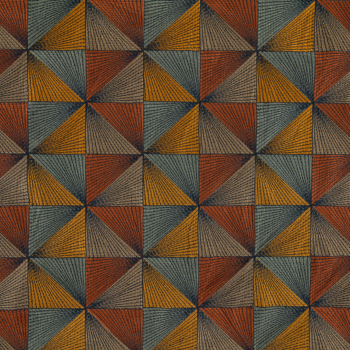 Amber, terracotta, blue-grey and taupe triangular geometric textile with a ribbed surface