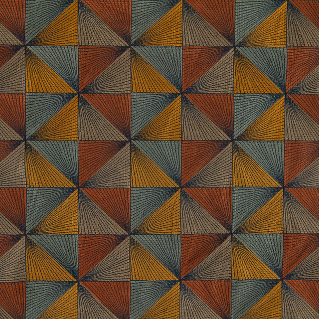 Amber, terracotta, blue-grey and taupe triangular geometric textile with a ribbed surface