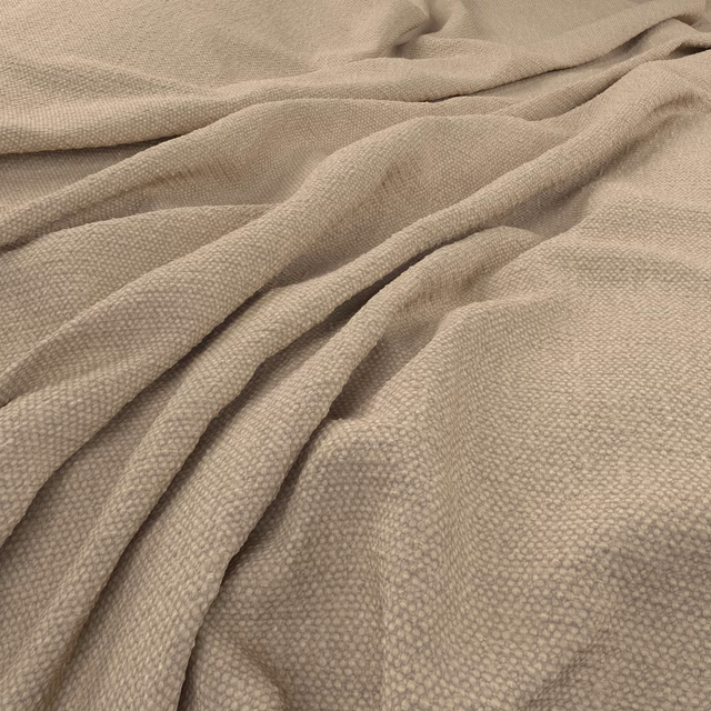 Warm taupe fabric showing a small pebbled weave in softly gathered folds