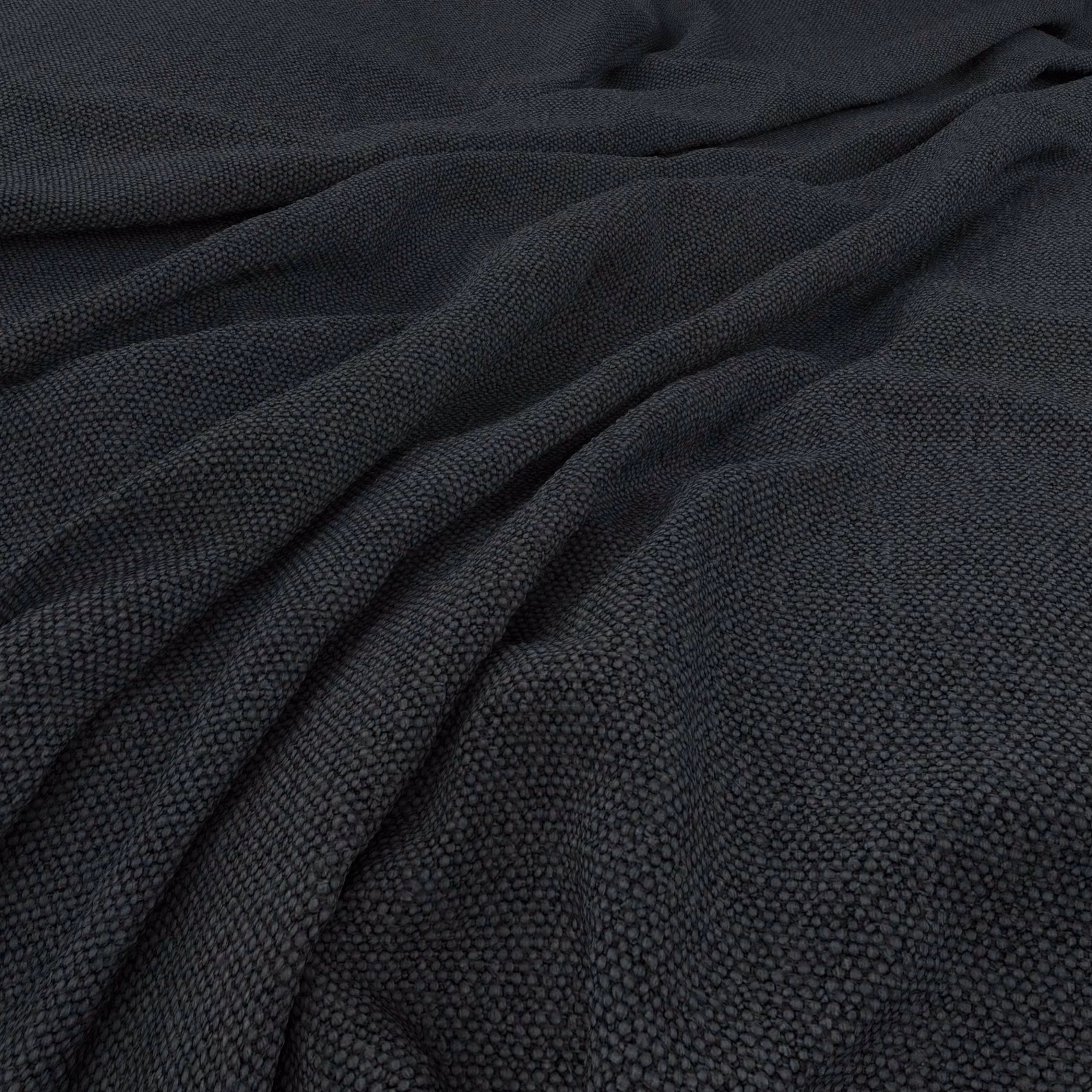 Dark charcoal-black pebbled upholstery weave gathered into soft, shadowed folds