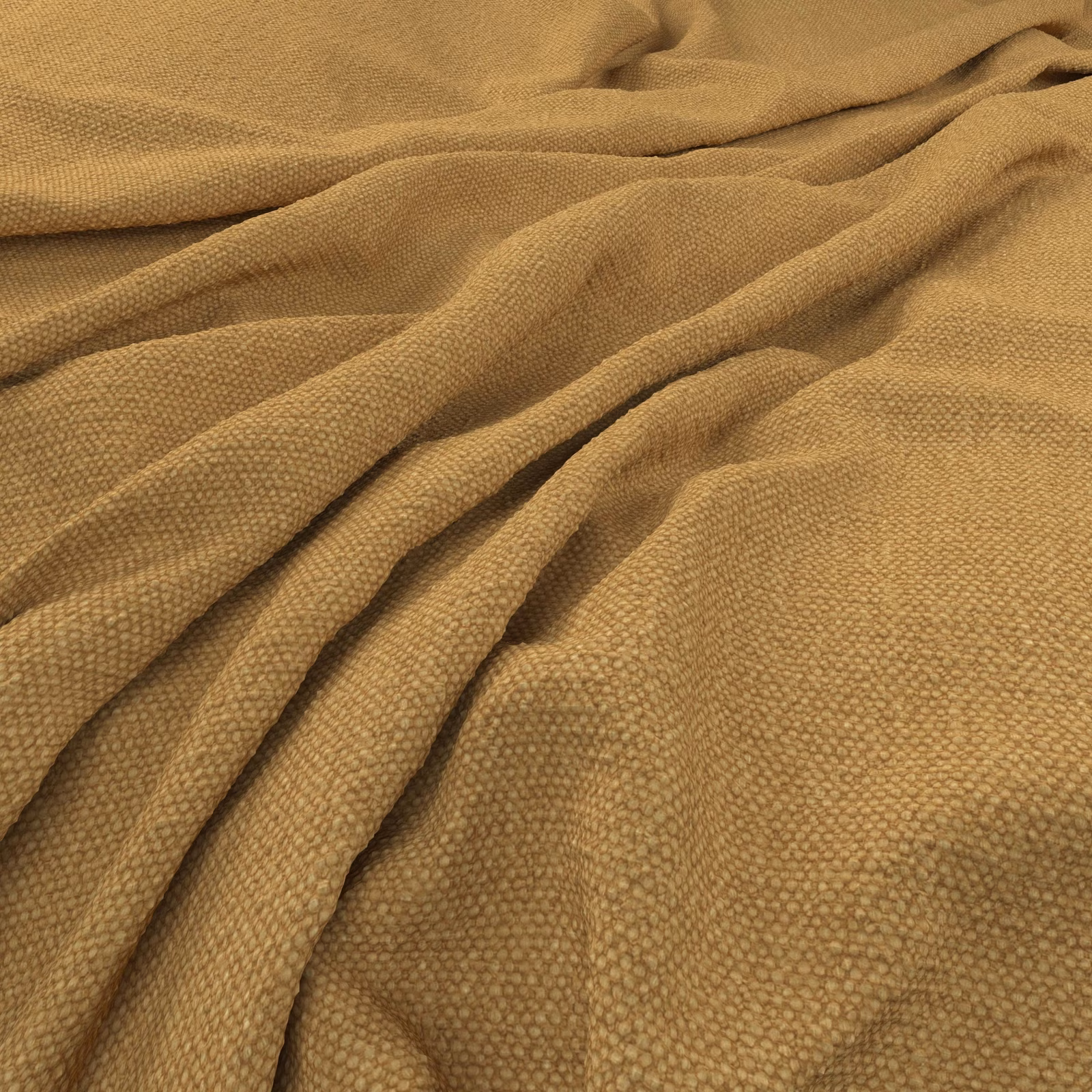 Warm camel fabric with fine pebbled weave gathered into soft dimensional folds