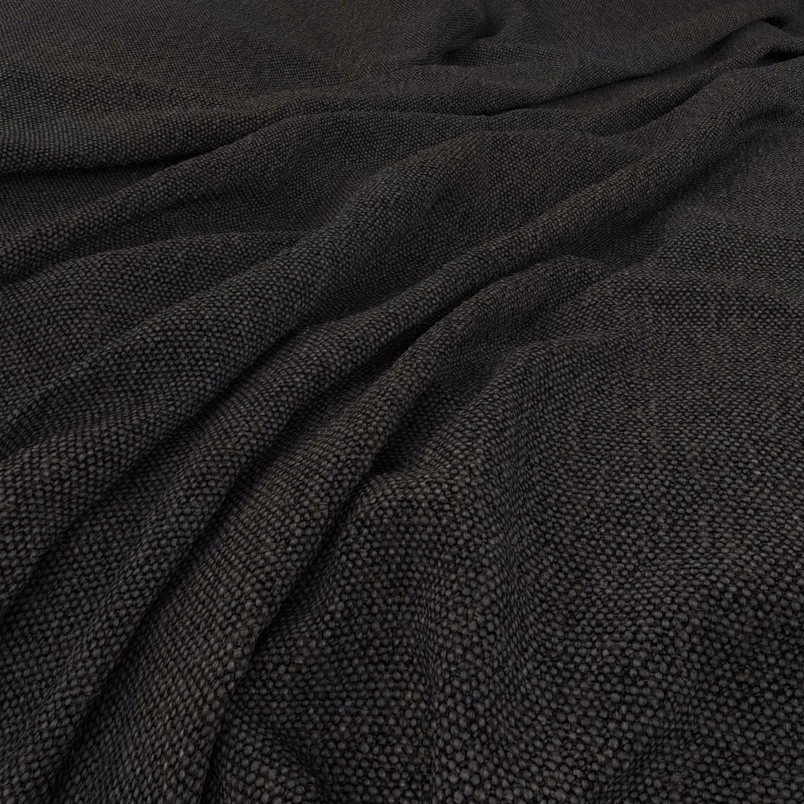 Deep charcoal-black woven textile with pebbled texture arranged in soft flowing folds
