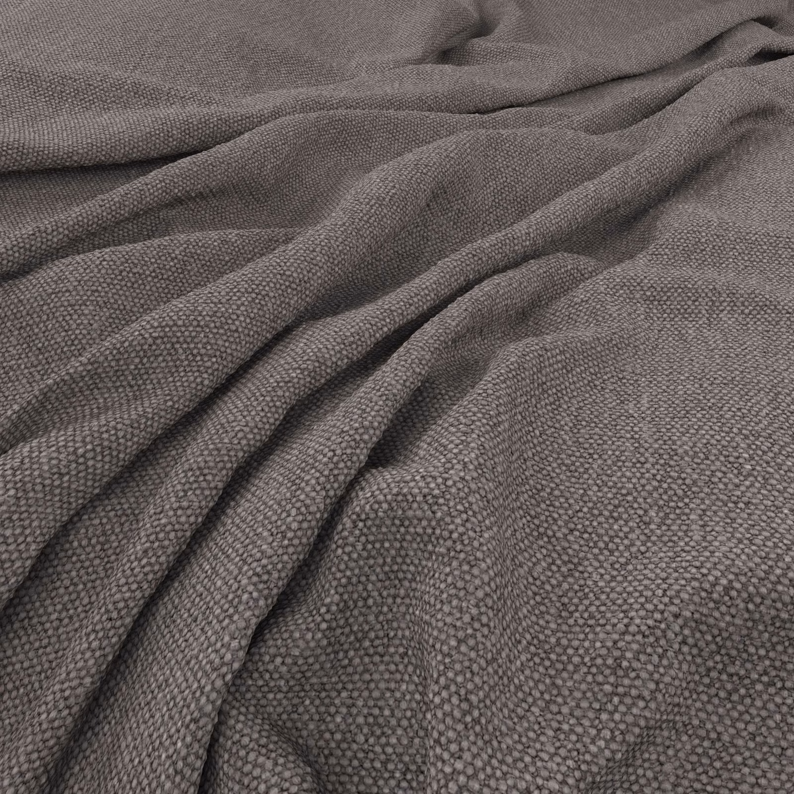 Smoky taupe-grey fabric with a dense pebble-textured weave in soft draped folds