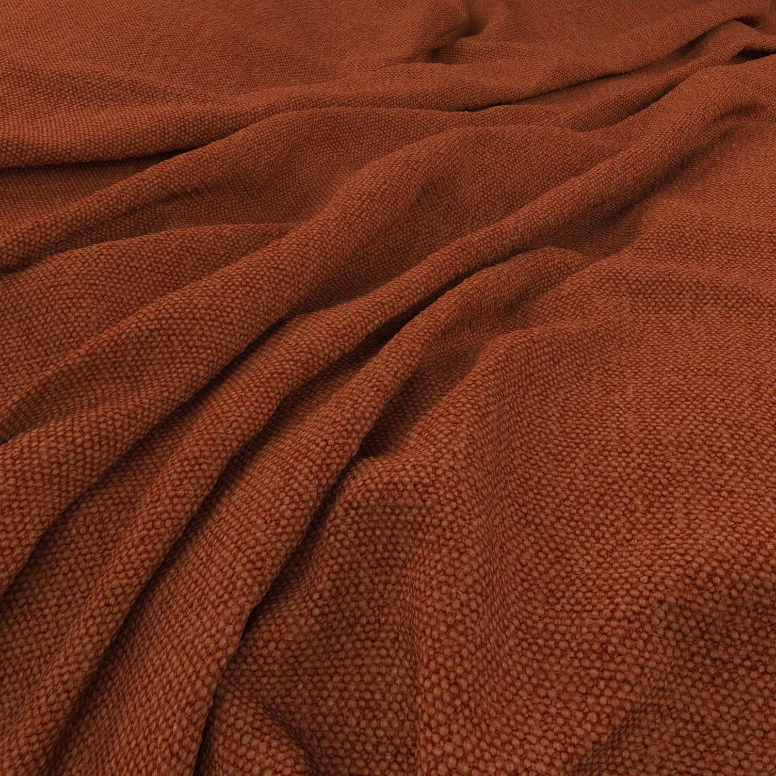 Burnt rust Jumbo Tuscan fabric with a dense nubby weave gathered into soft folds