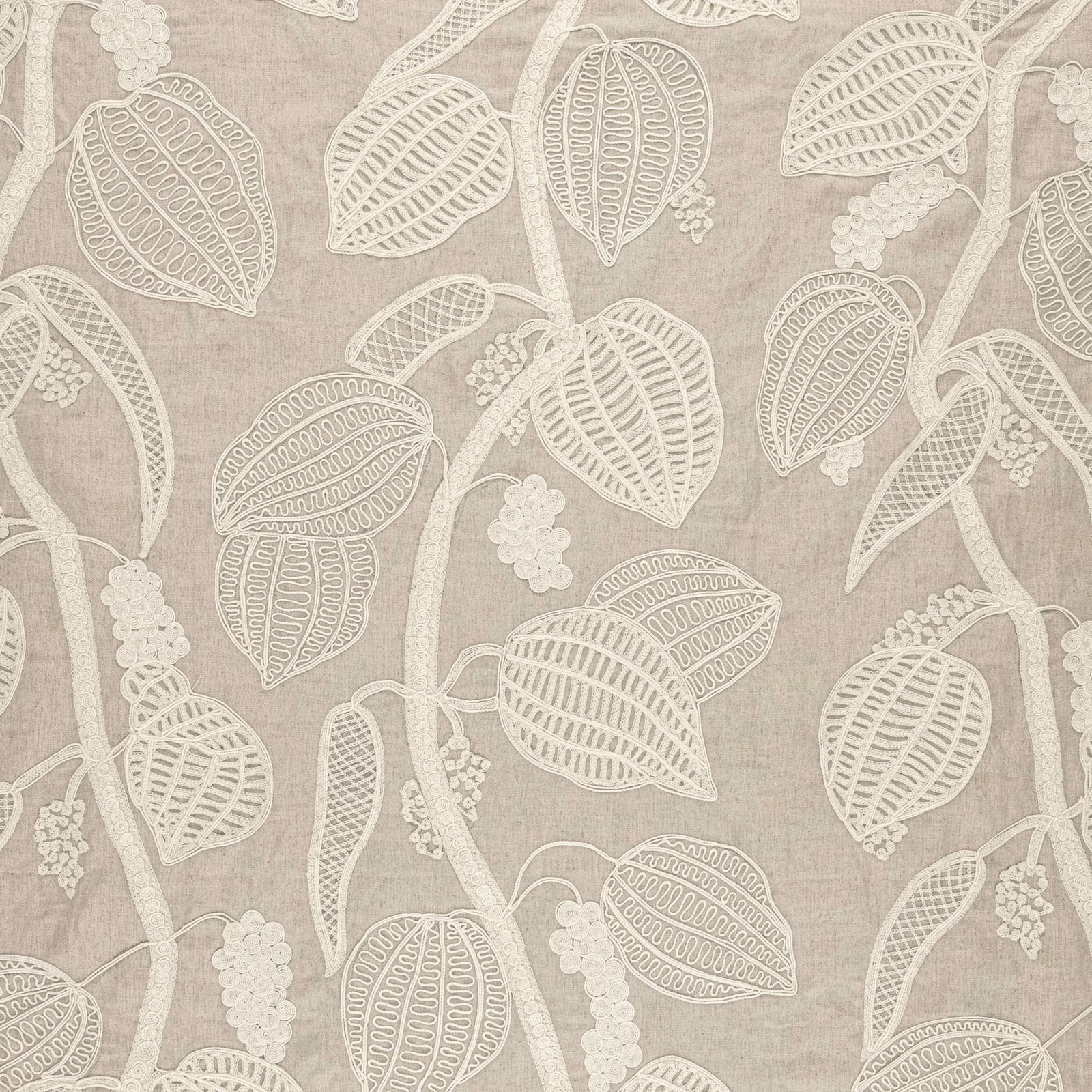 Natural taupe textile with ivory outlined leaves, stems and grape clusters