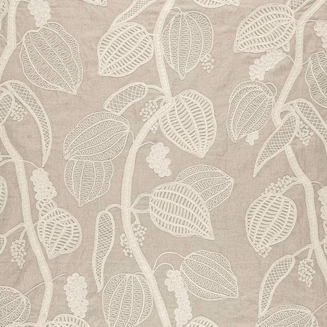 Natural taupe textile with ivory outlined leaves, stems and grape clusters