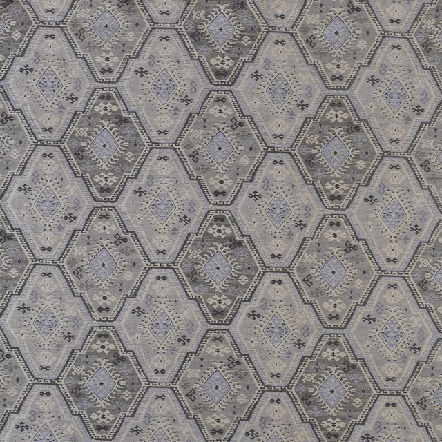 Muted denim blue-grey fabric with repeating hexagons and inset diamond motifs