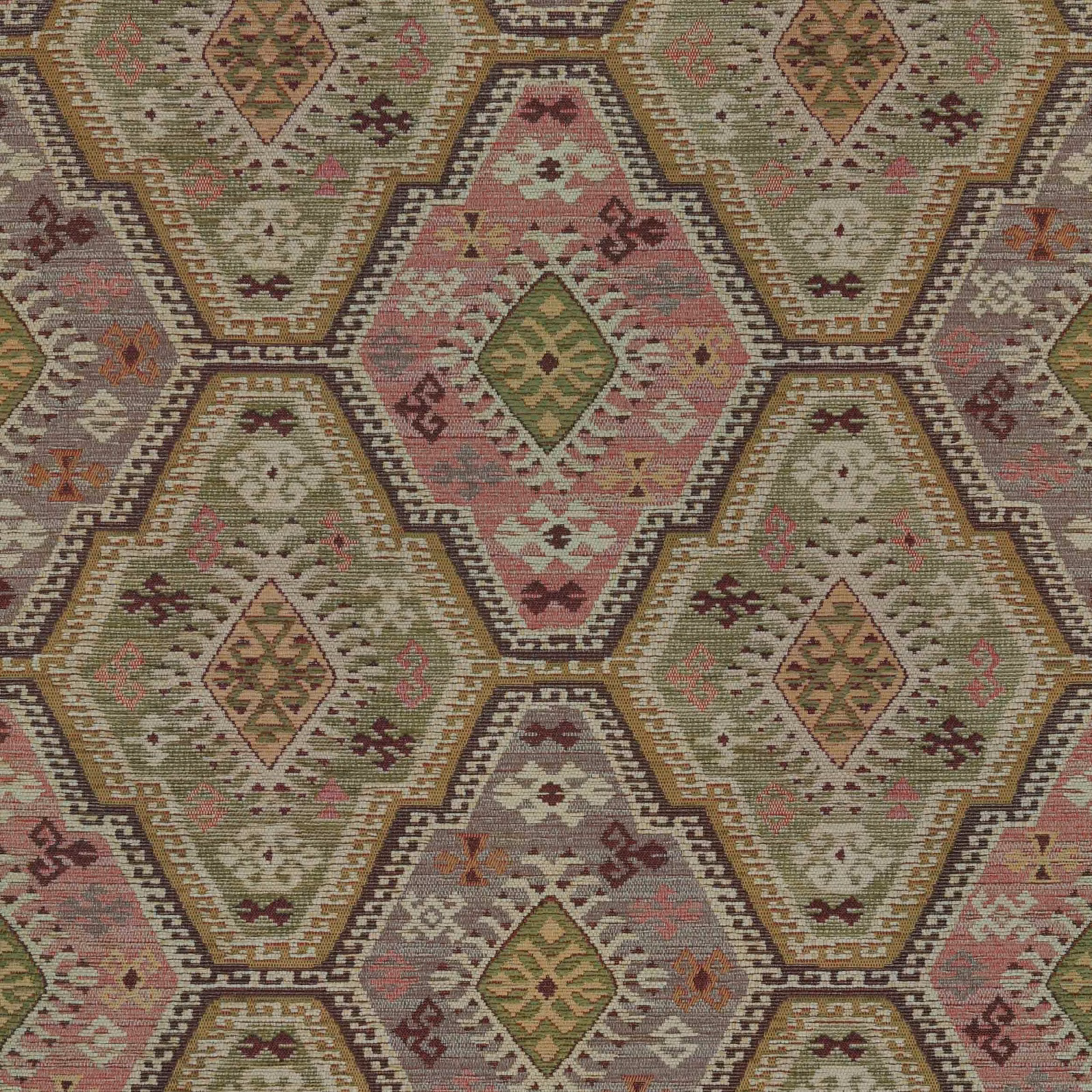 Muted sage and dusty rose hexagonal kilim pattern in a dense, ridged weave