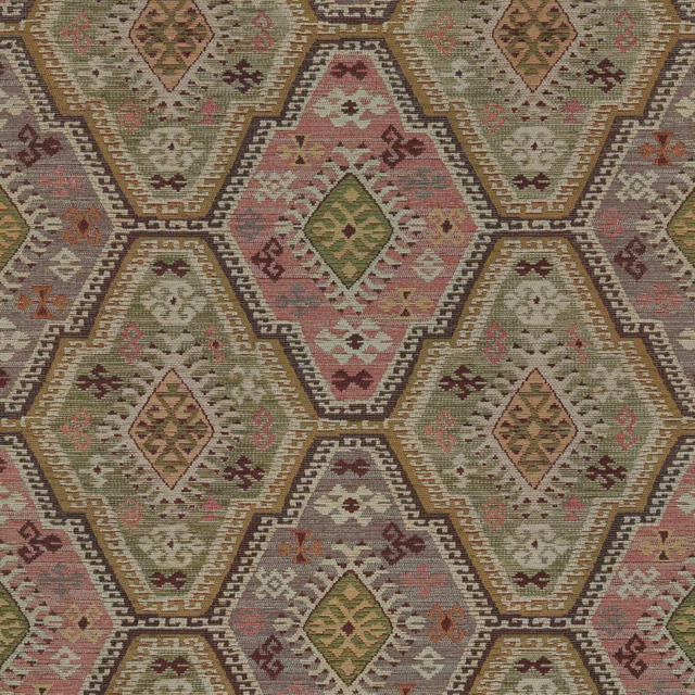 Muted sage and dusty rose hexagonal kilim pattern in a dense, ridged weave
