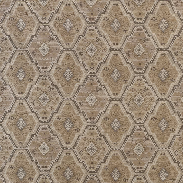 Warm natural geometric woven textile with taupe hexagons and diamond motifs