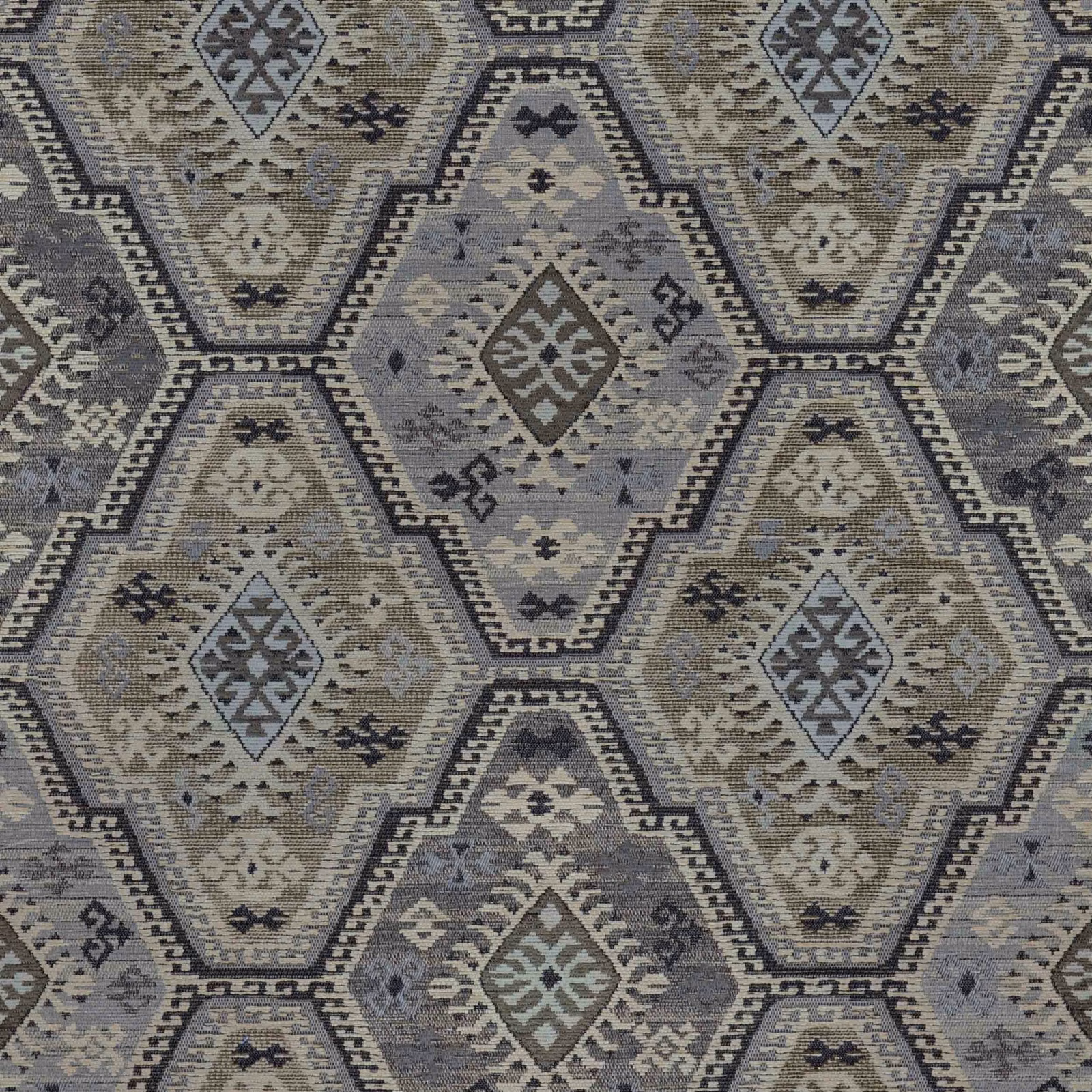 Stone-grey woven fabric with blue-grey geometric medallions and charcoal diamond outlines