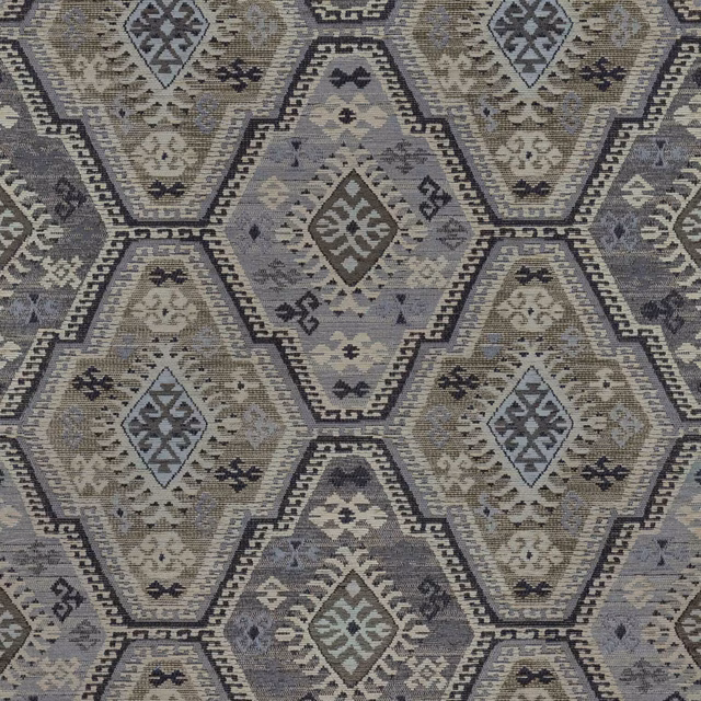 Stone-grey woven fabric with blue-grey geometric medallions and charcoal diamond outlines
