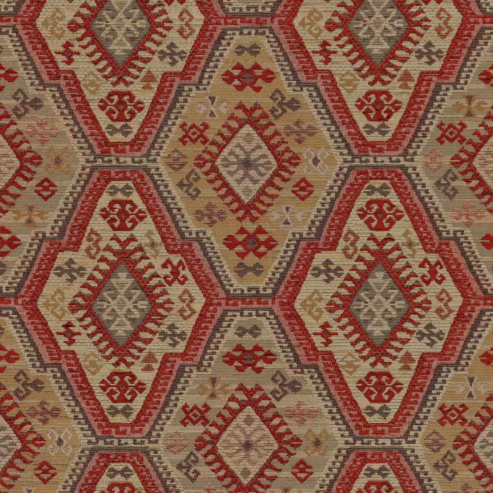 Muted brick-red and khaki woven fabric with repeating stepped diamond medallions