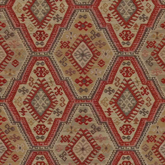 Muted brick-red and khaki woven fabric with repeating stepped diamond medallions