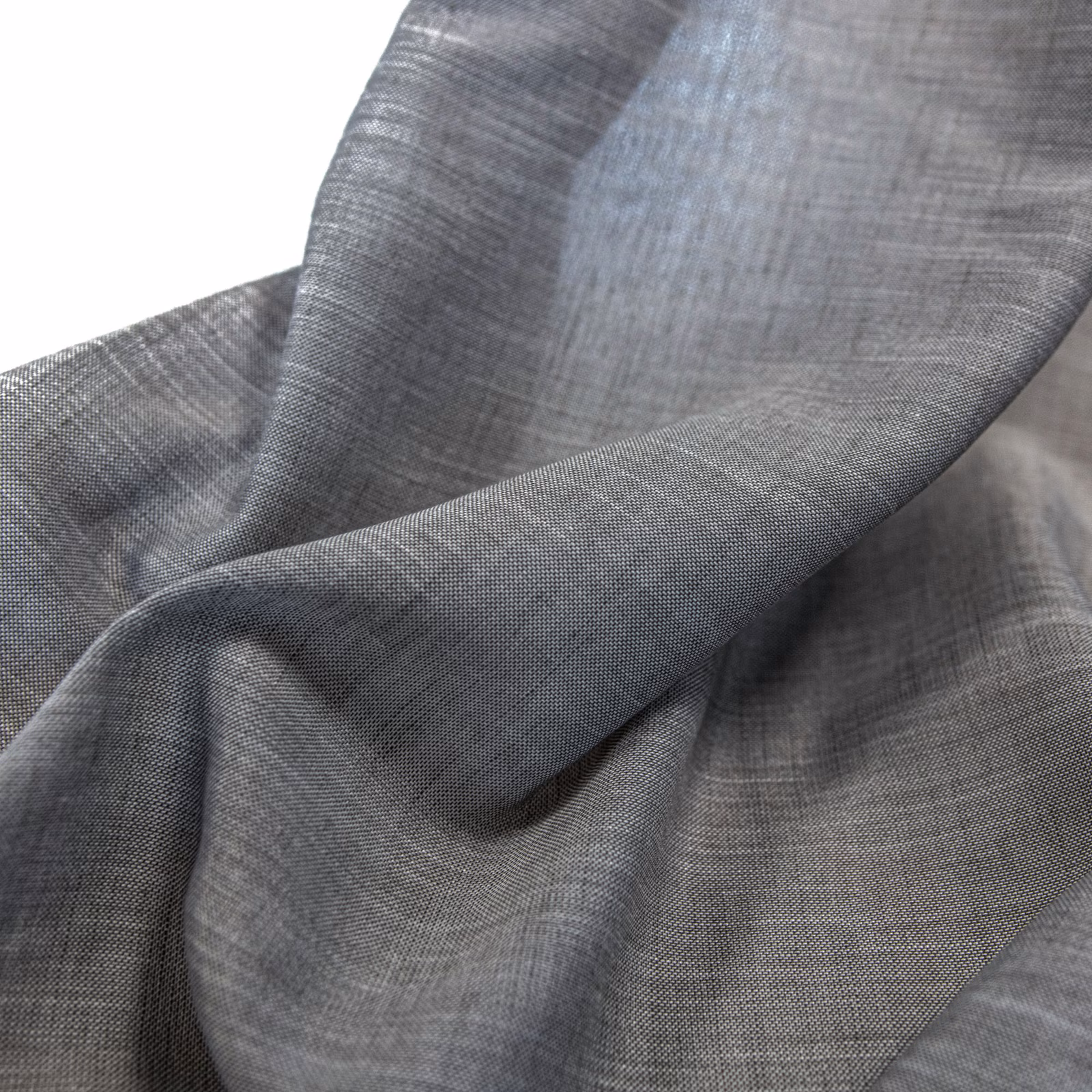 Smoke-grey woven cloth forming soft folds with a subtle crosshatched surface