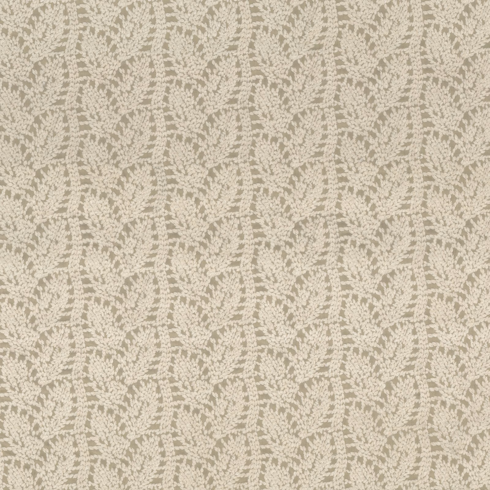 Muted taupe woven fabric with an ivory branching botanical pattern and textured surface