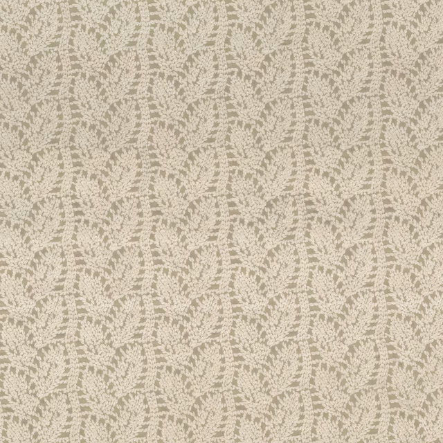 Muted taupe woven fabric with an ivory branching botanical pattern and textured surface