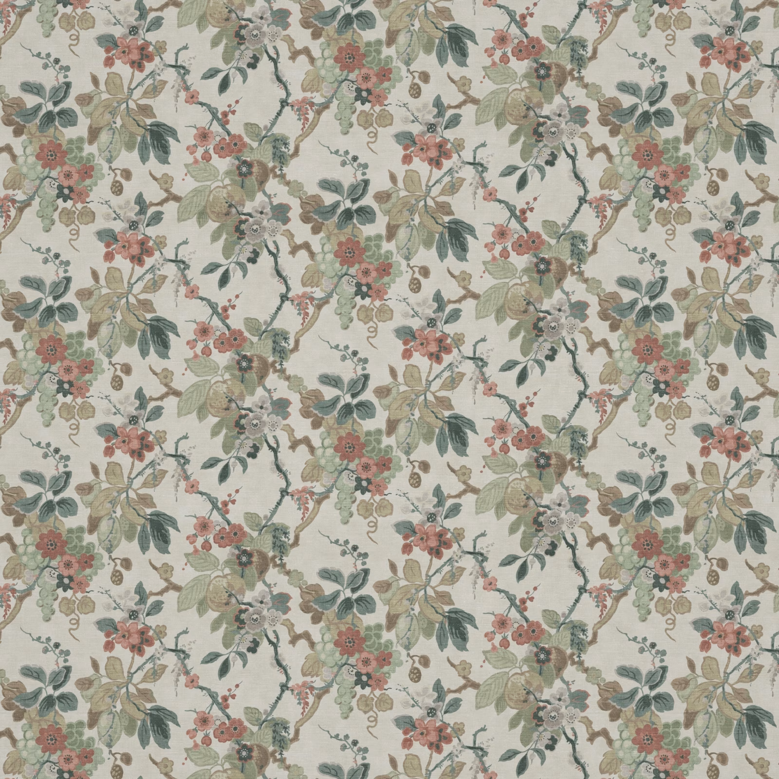 Warm cream chintz with sage leaves, dusty rose flowers and winding botanical vines