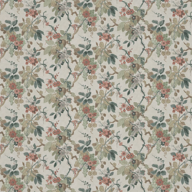 Warm cream chintz with sage leaves, dusty rose flowers and winding botanical vines