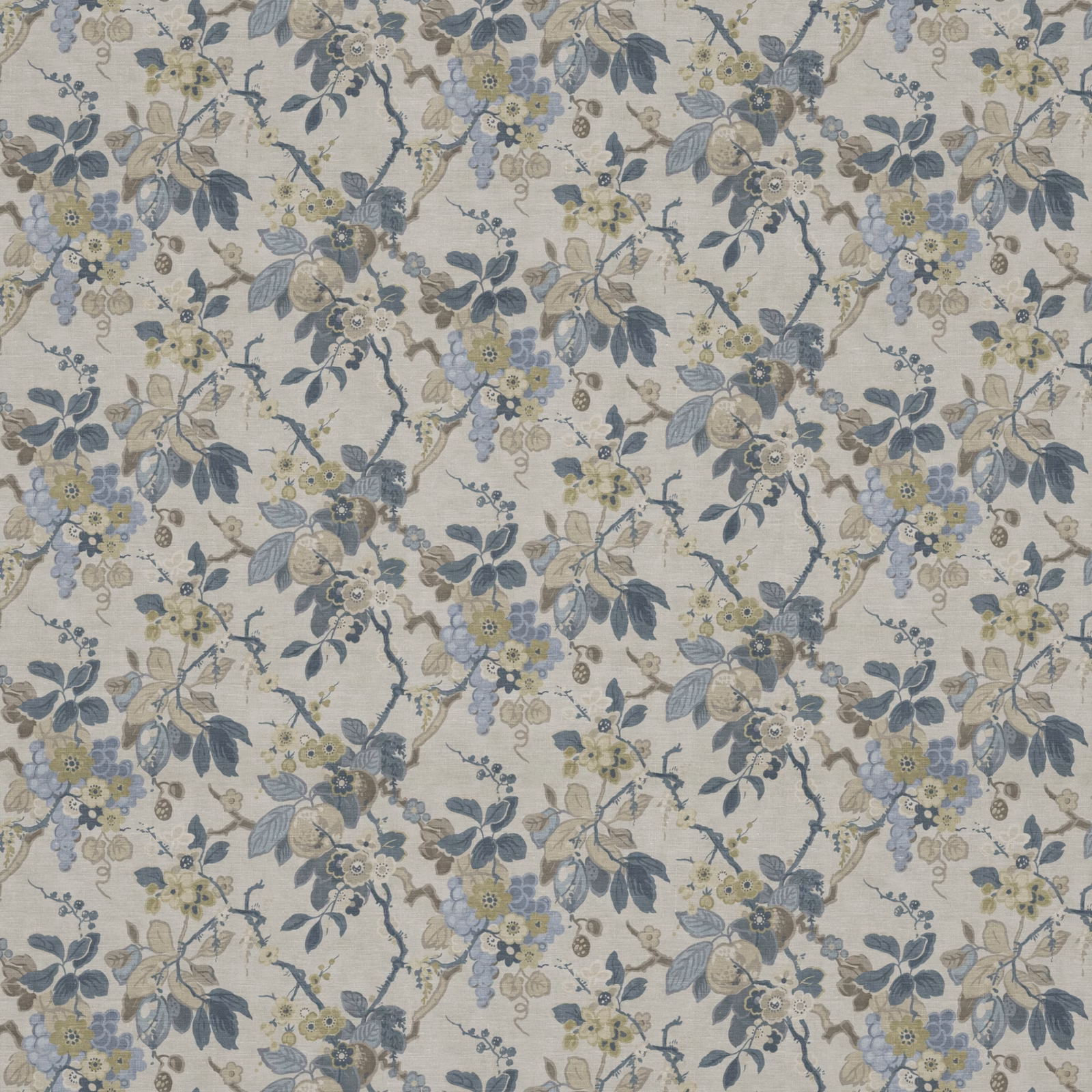 Pale blue-grey floral vines with sage leaves and clustered blue blossoms on cream