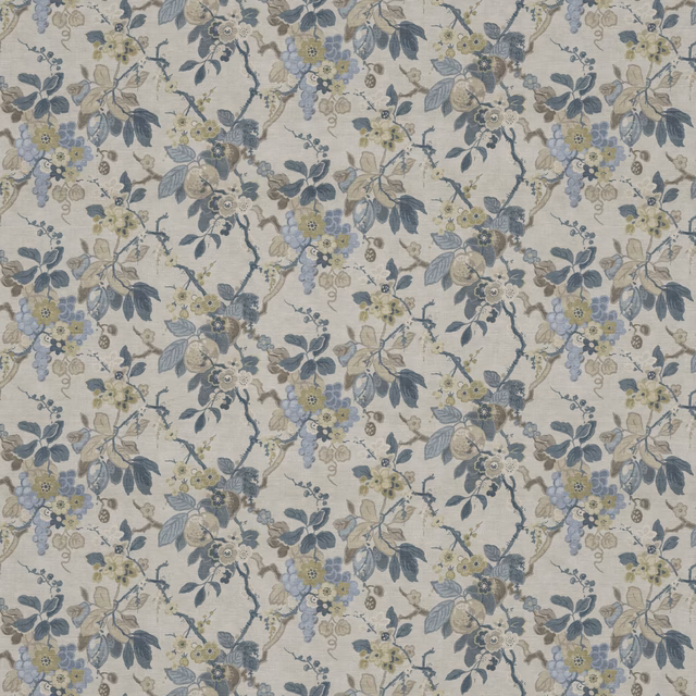 Pale blue-grey floral vines with sage leaves and clustered blue blossoms on cream