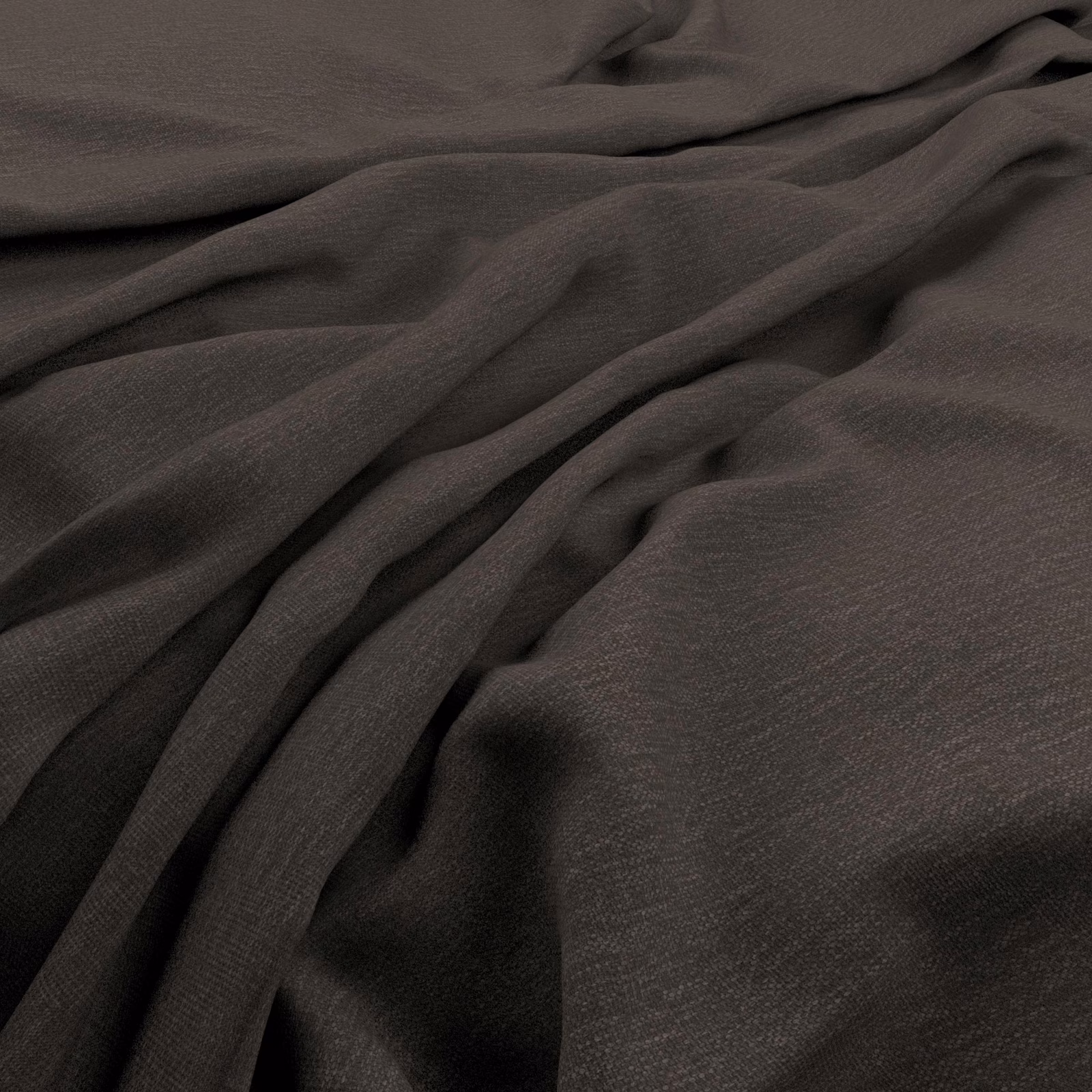 Deep anthracite fabric with fine woven texture gathered into soft, fluid folds