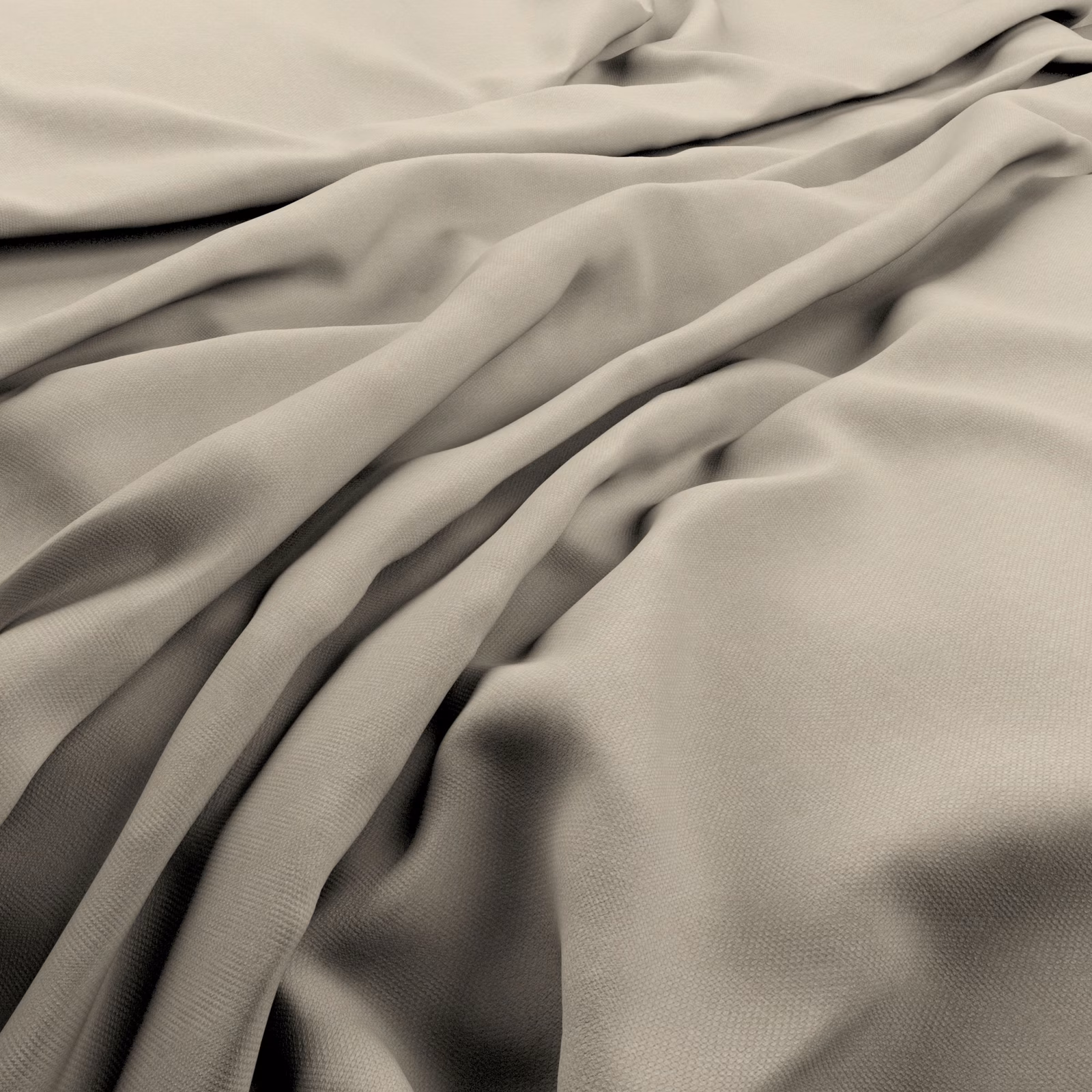 Soft chalk-grey fabric with fine weave gathered into fluid, shadowed folds