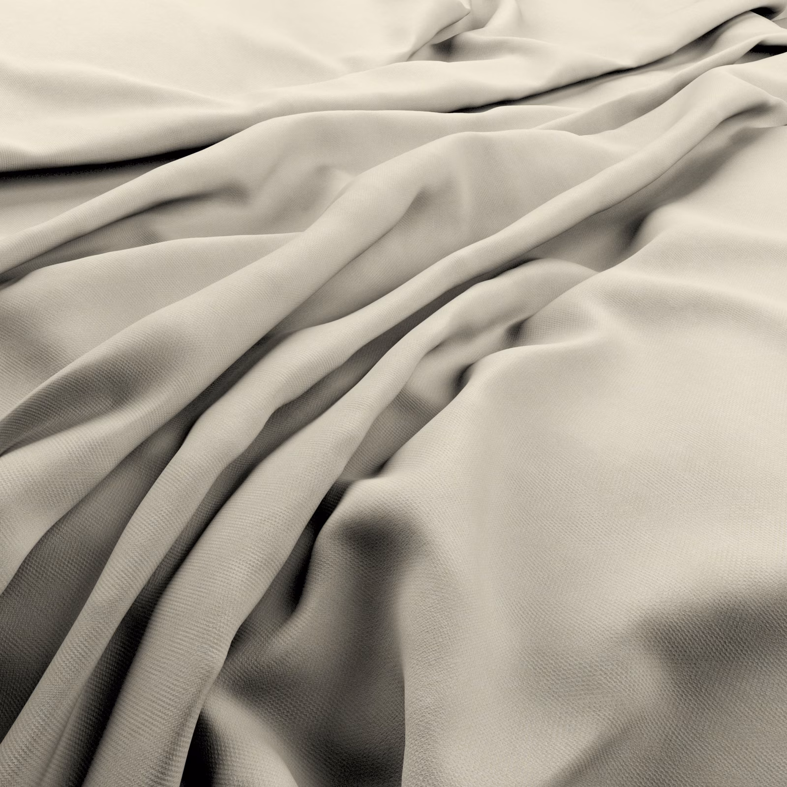 Soft ivory fine-weave fabric gathered into fluid, shadowed folds