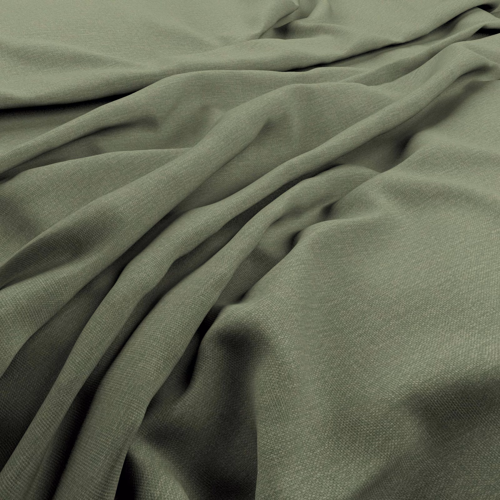 Muted greyed juniper green fabric with fine woven grain arranged in soft folds