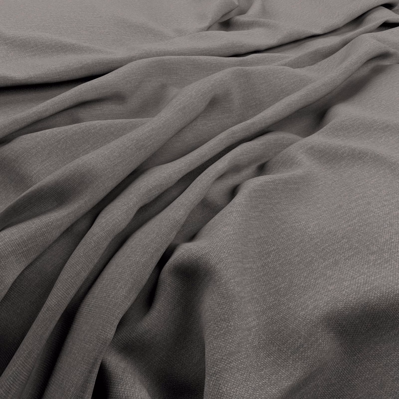 Fluid charcoal grey fabric showing a fine plain weave in softly gathered folds