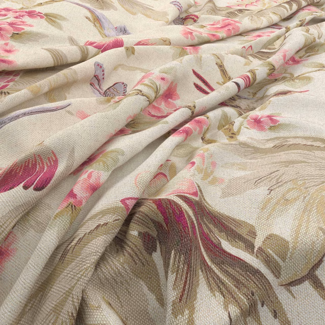 Cream woven fabric with pink blossoms, olive leaves and sweeping taupe botanical stems