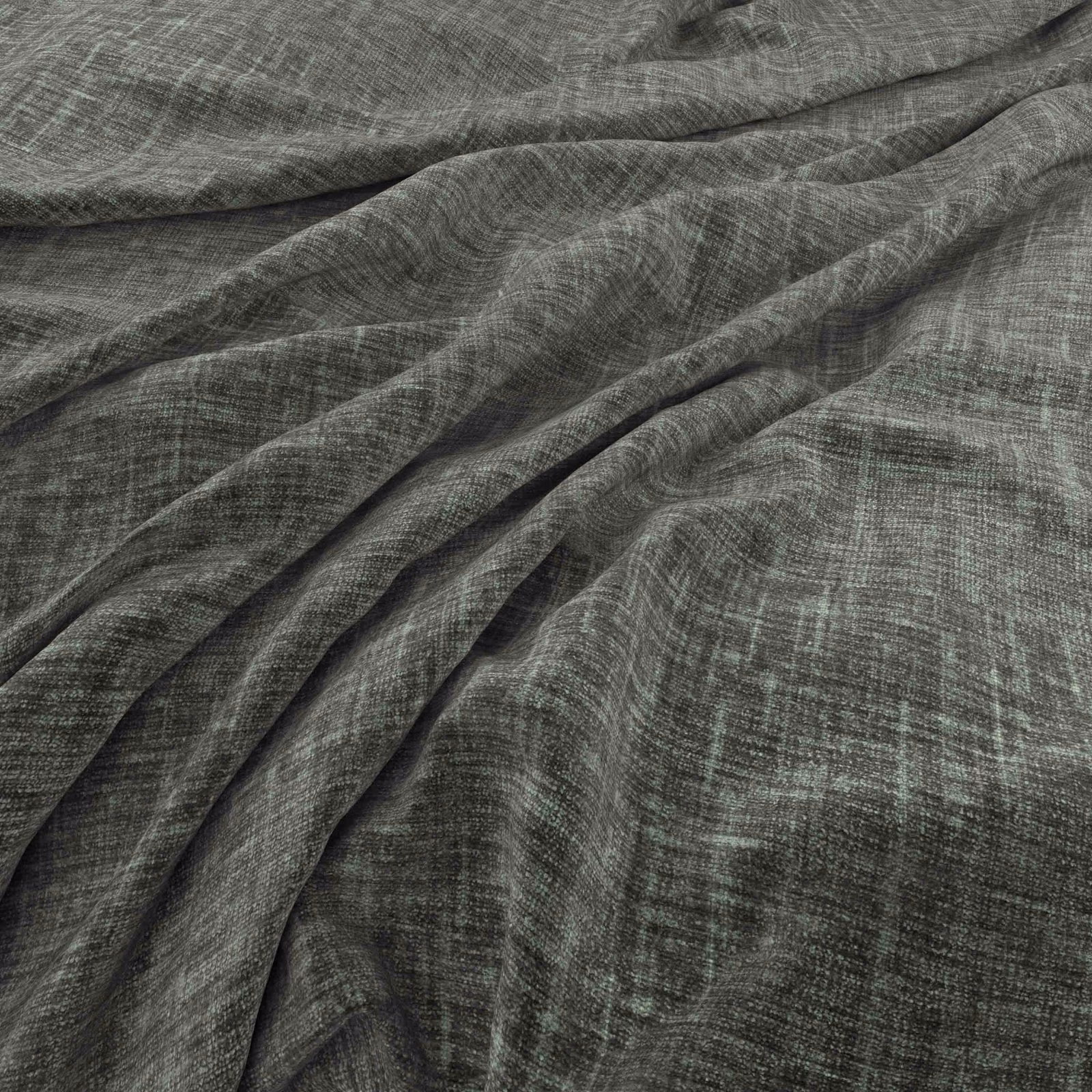 Cool charcoal-grey fabric with fine crosshatched weave gathered into soft folds