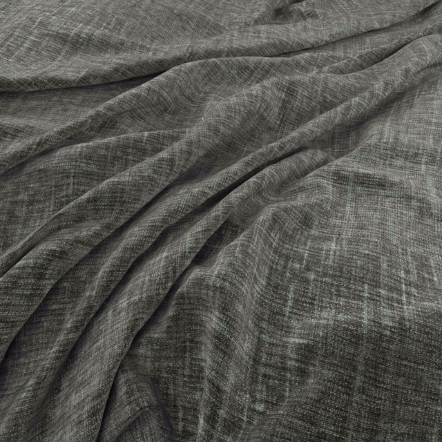 Cool charcoal-grey fabric with fine crosshatched weave gathered into soft folds