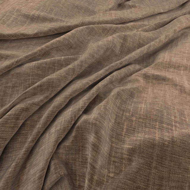 Warm bark-taupe woven cloth with fine crosshatch texture gathered into soft folds