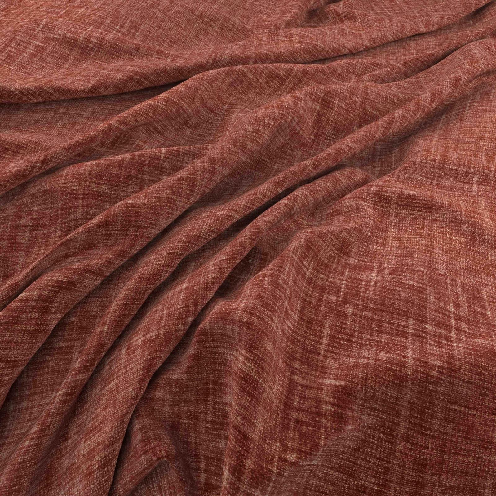 Warm brick-red woven fabric with irregular crosshatch texture in softly draped folds