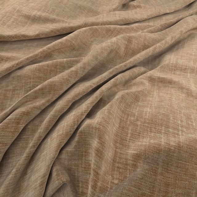 Warm caramel-taupe fabric with fine crosshatch weave draped in soft flowing folds