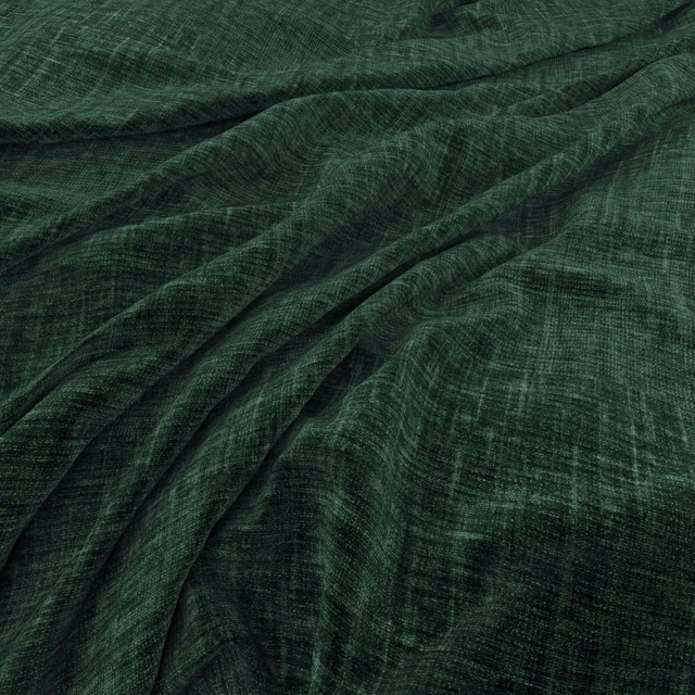 Deep forest-green woven fabric with fine crosshatched texture gathered into soft folds