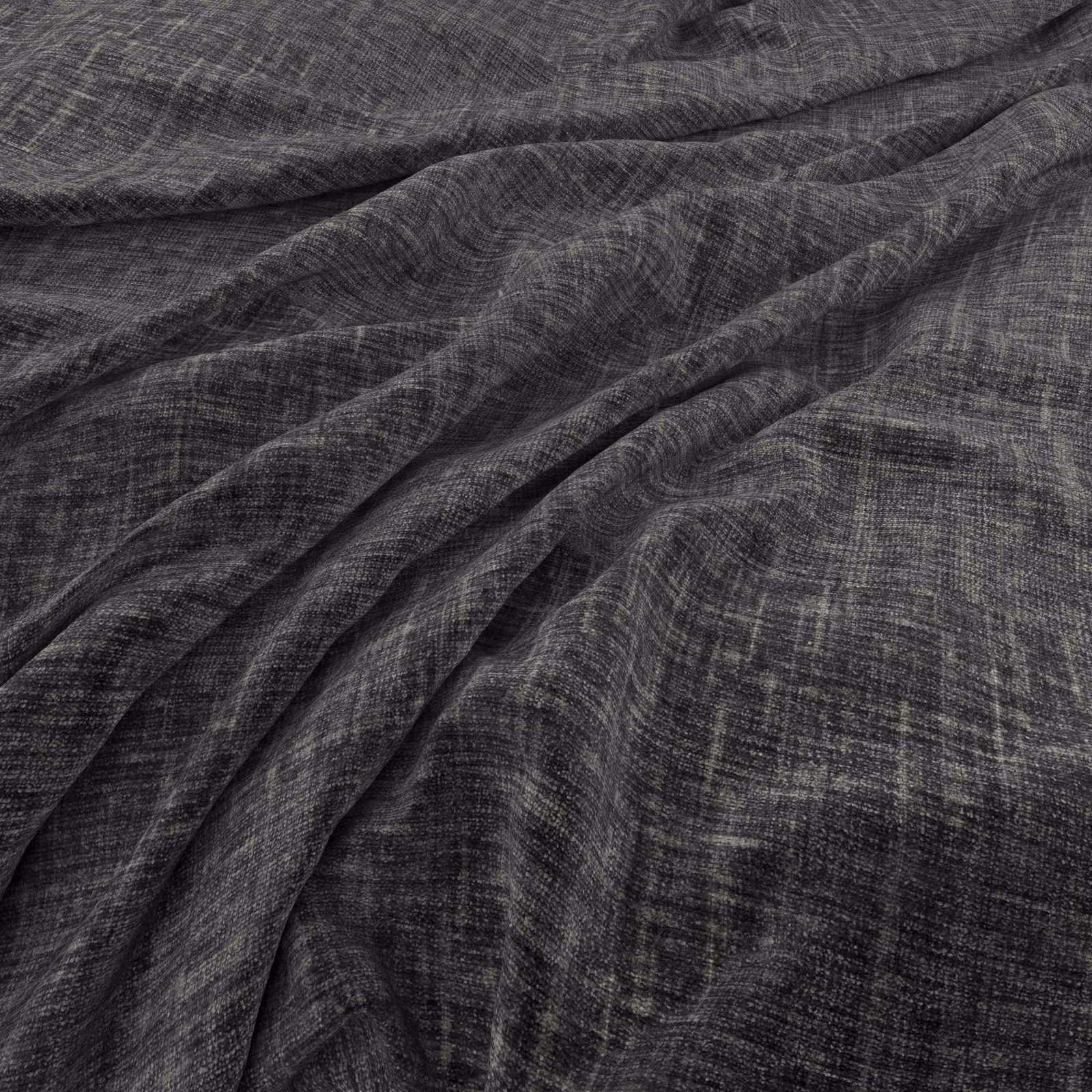 Deep charcoal-grey woven fabric with fine crosshatch texture gathered into soft folds