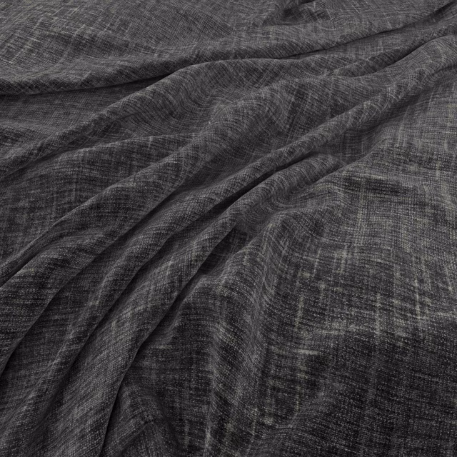 Deep charcoal-grey woven fabric with fine crosshatch texture gathered into soft folds