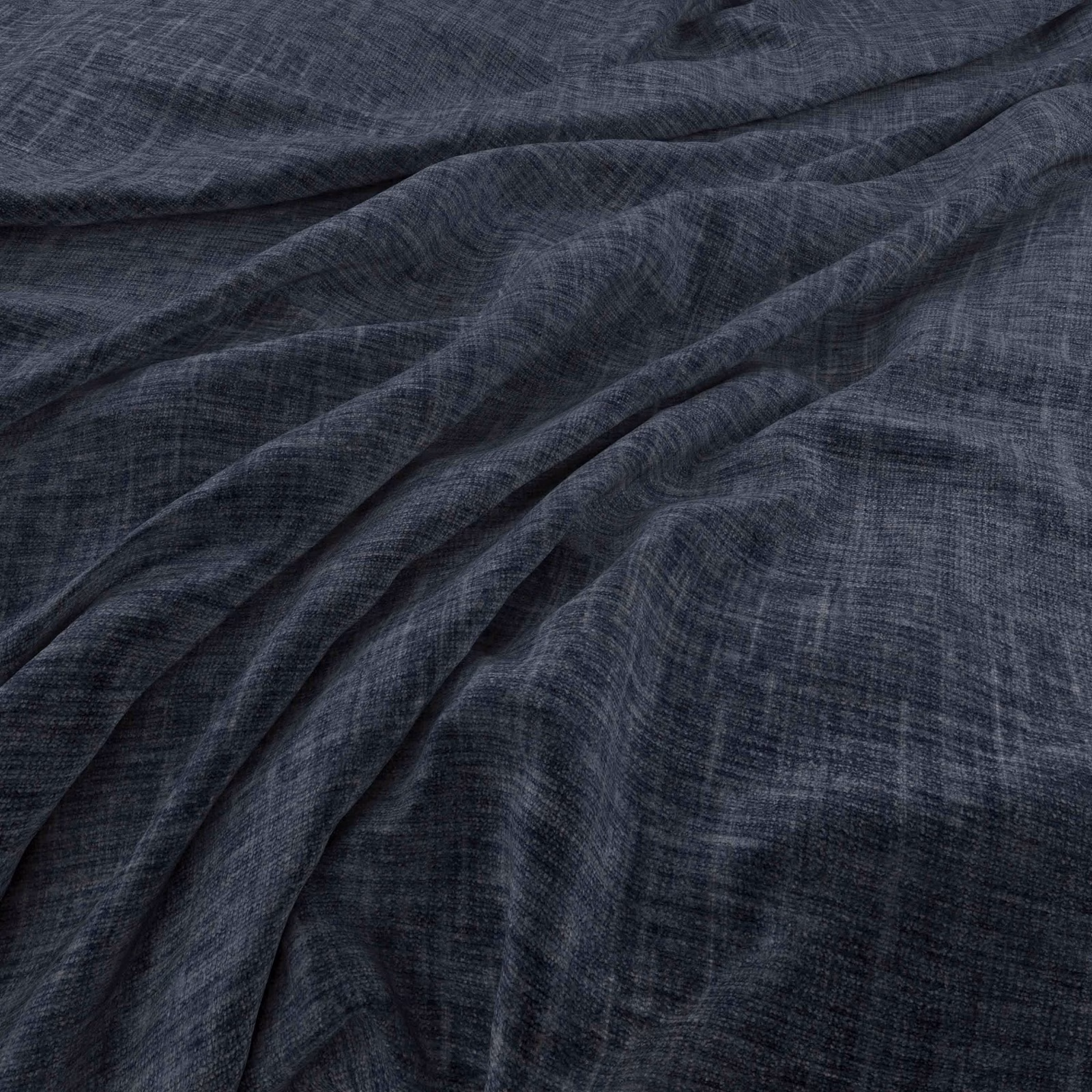 Deep ink-blue woven fabric with fine crosshatching folded into soft, fluid creases