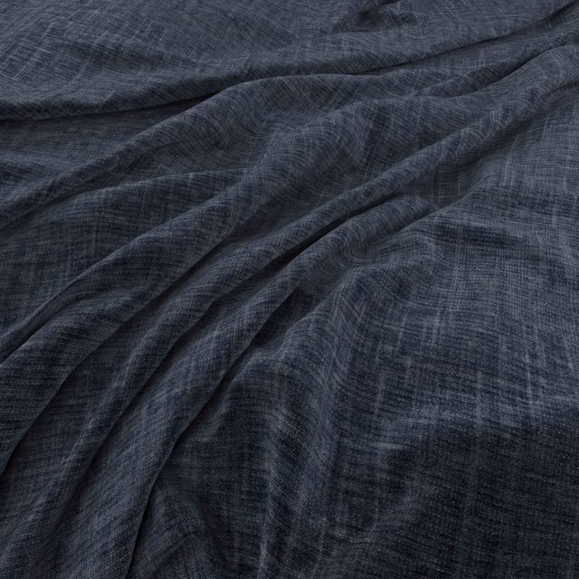 Deep ink-blue woven fabric with fine crosshatching folded into soft, fluid creases