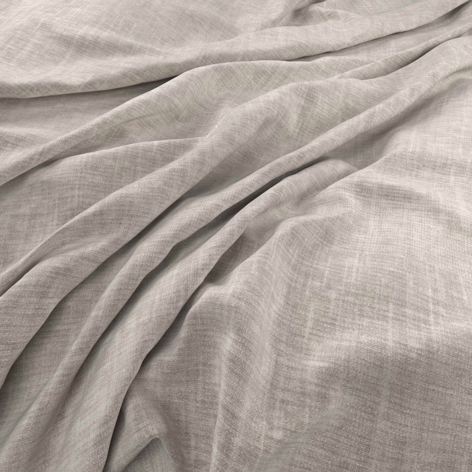 Soft oyster-grey woven textile draped in folds with fine crosshatched texture