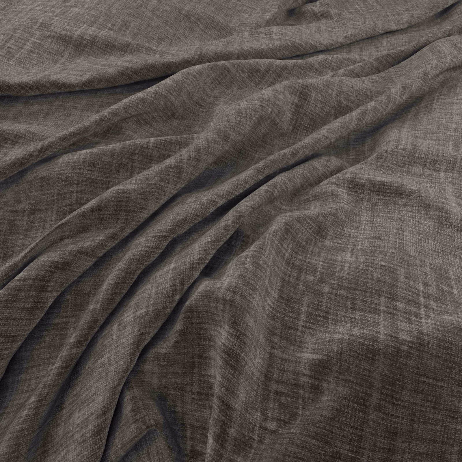 Dark taupe-grey fabric with fine crosshatched weave gathered into soft flowing folds