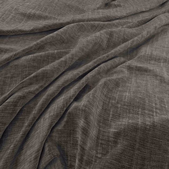 Dark taupe-grey fabric with fine crosshatched weave gathered into soft flowing folds