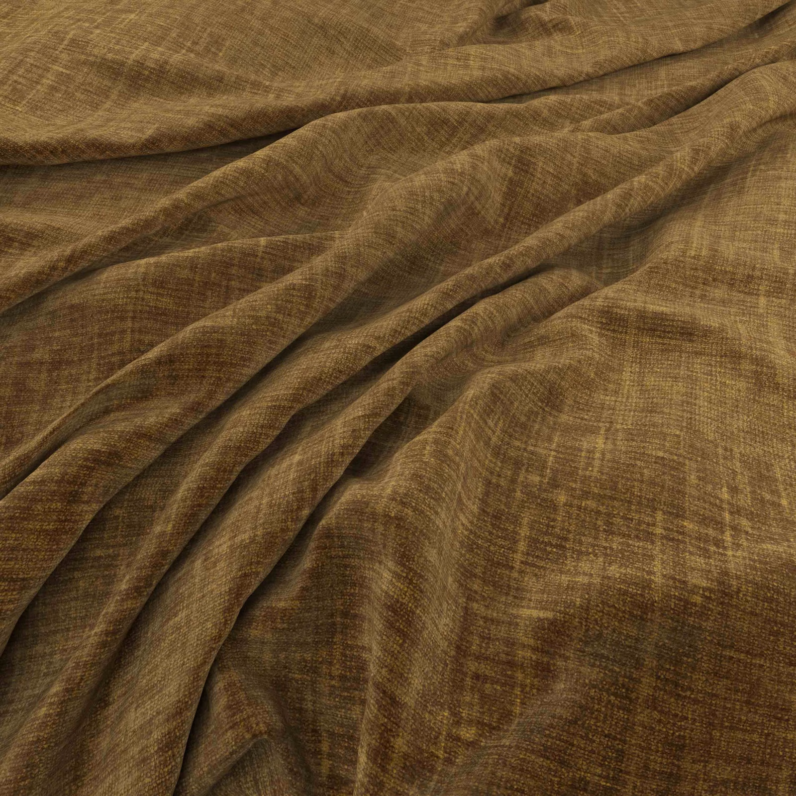 Warm tobacco-brown woven fabric with fine crosshatch texture gathered into soft folds