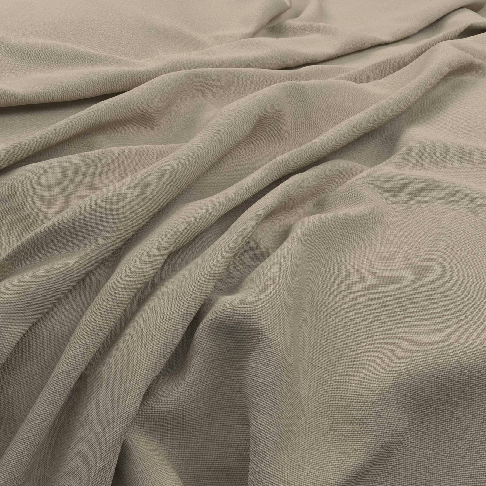 Muted warm greige plain weave fabric gathered into soft, fluid folds