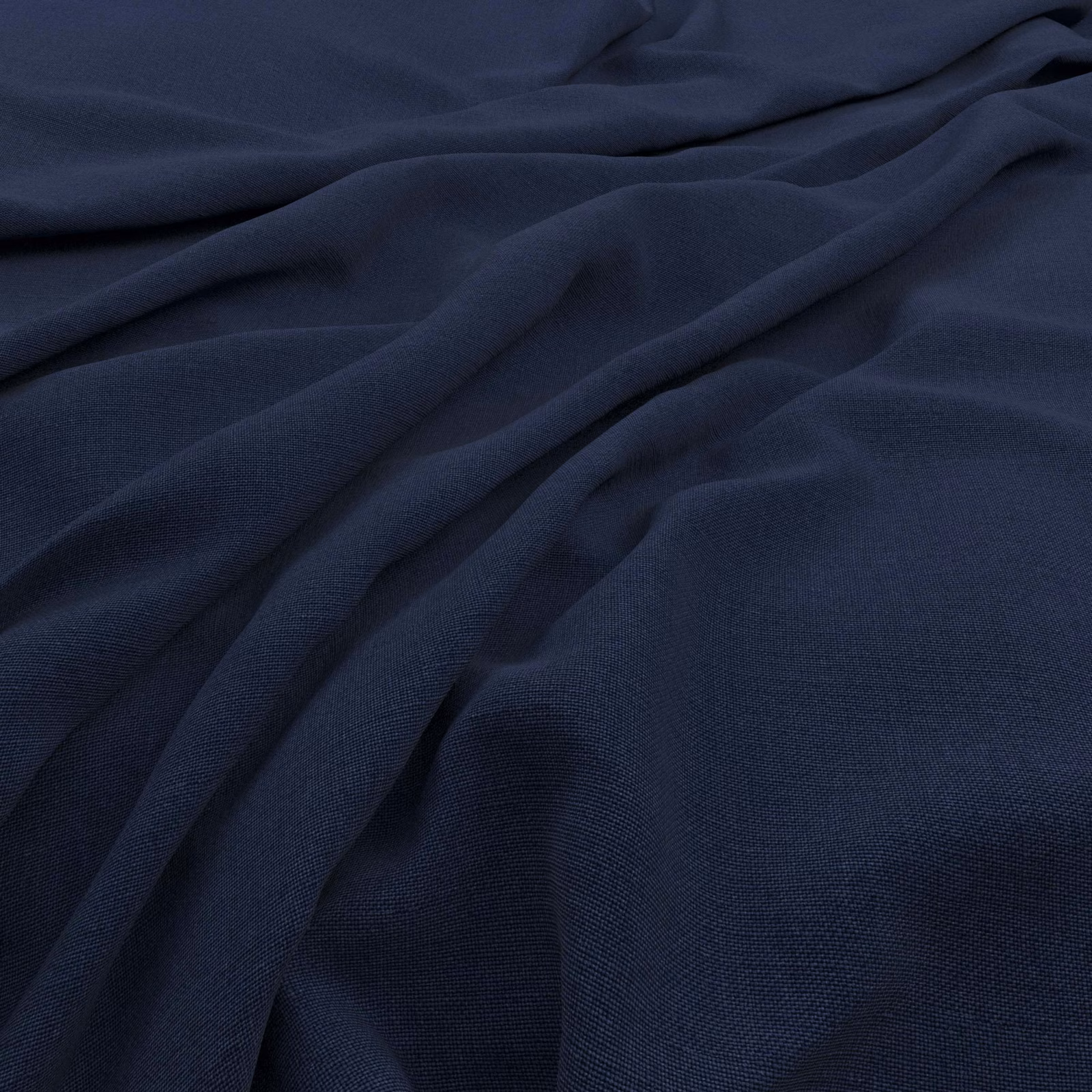 Deep ink-blue plain weave fabric gathered into soft, shadowed folds