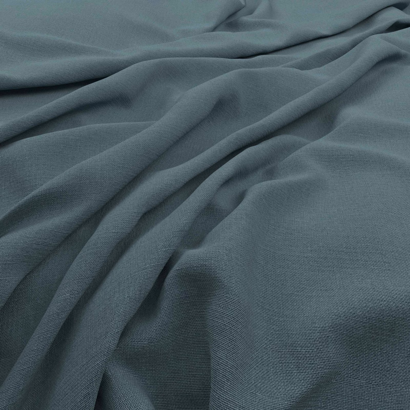 Muted blue-teal woven fabric shown in softly gathered folds with fine texture